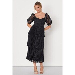 Lulus Posh Delight Black Floral Jacquard Pleated Midi Dress - Size XL